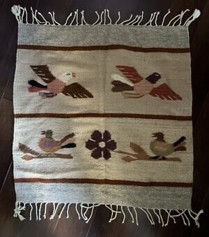 VTG Southwestern Handwoven Wool Tapestry Pictorial Birds Rug Wall Hanging Boho